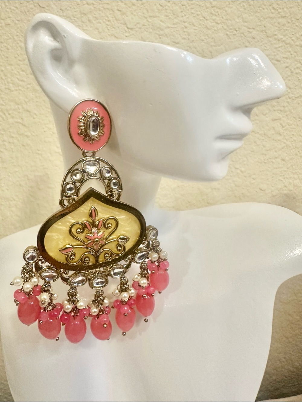 Gold Plated Pink and Gold Floral Drop Chandbali Earrings for Women